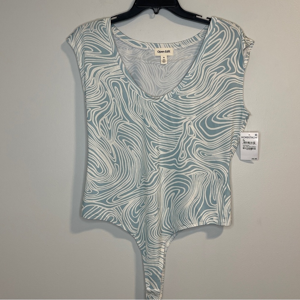 Open Edit V neck Bodysuit Teal Ivory Geometric print Size XL